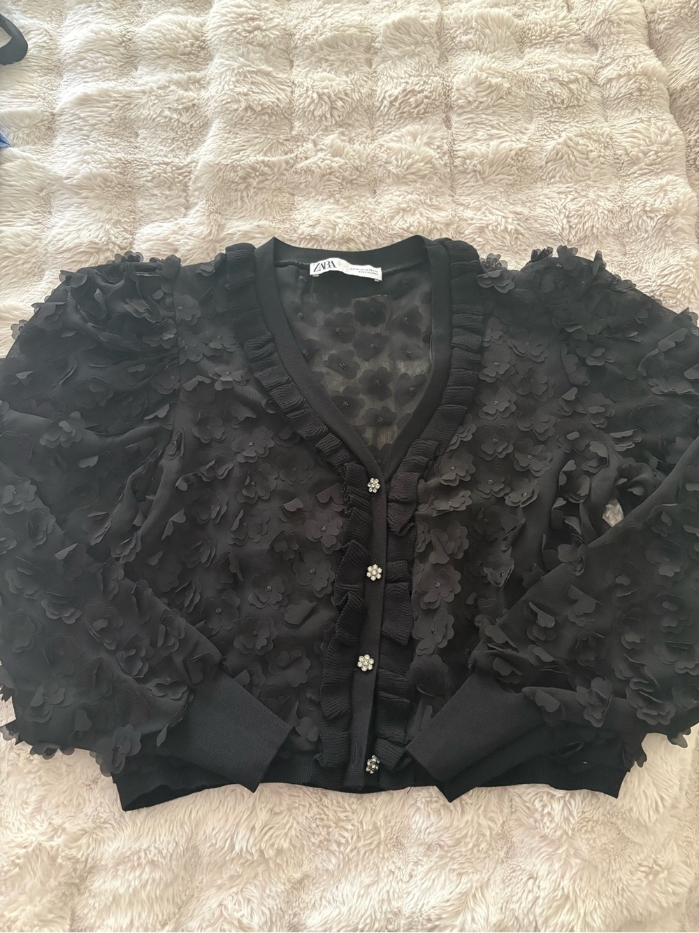 Zara Black Floral Appliqué V-Neck Cardigan with Pearl Buttons